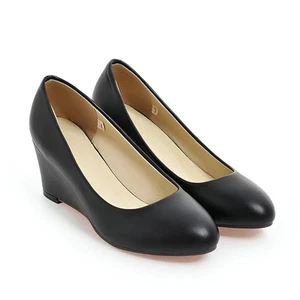 Women's Wedge High Heel Pumps Round Toe Slip On Office Work Versatile Shoes - Picture 1 of 17