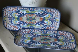 NICOLE MILLER SPANISH MEDALLION MELAMINE RECTANGULAR SERVING TRAYS-BLUE/RED-S/2 - Picture 1 of 1