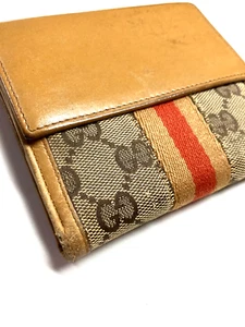 GUCCI VINTAGE GUCCISSIMA WEB CHERIE LEATHER CANVAS WALLET ITALY BEIGE BROWN - Picture 1 of 22