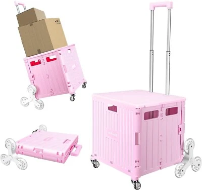 Honshine Foldable Cart with Stair Climbing Wheels Collapsible Rolling Crate Pink