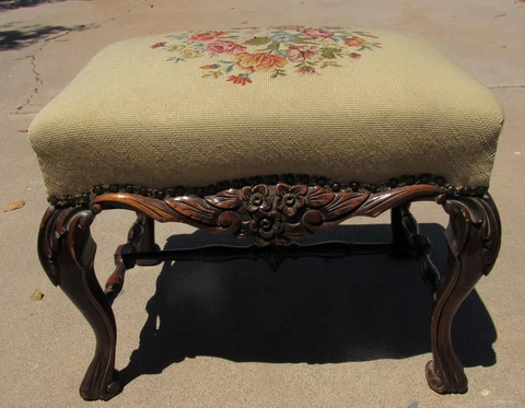 Ornate Vintage French Needlepoint Bench Footstool Carved  Antique Petit Point Cover