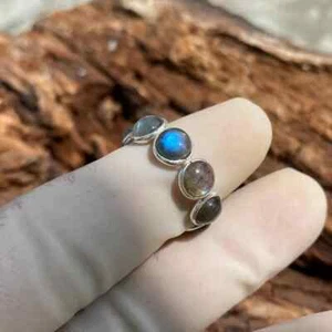 925 Sterling Solid Silver Labradorite Round Ring Gemstone Statement Ring - Picture 1 of 10