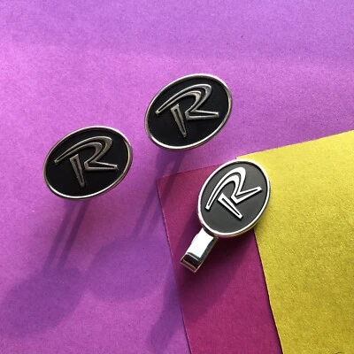 Antigo conjunto de abotoaduras iniciais e grampos de gravata Hickok R esmalte preto cabeça de engrenagem prata - Imagem 1 de 4