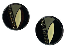 Vintage 70s 80s Black Disco Art Deco Glitter Round Statement Earrings Pierced
