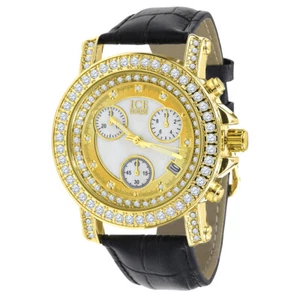 Gold &White Solitaire Dial 14K Gold Tone Real Diamonds Leather Band Watch W/Date - Picture 1 of 5
