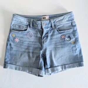 Sonoma SO Embroidered Jean Shorts Size 12 Smiley Ying Yang Flower Snap Zipper - Picture 1 of 4