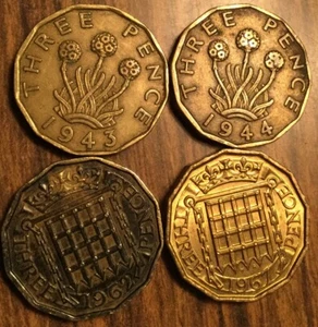 1943 1944 1962 1967 LOT OF 4 UK GB GREAT BRITAIN THREEPENCE COINS - Picture 1 of 2