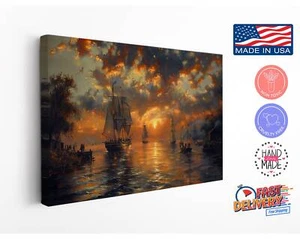 Harbor with Boats at Sunrise Canvas Print, Oil Painting Style, High Quality Art - Picture 1 of 9