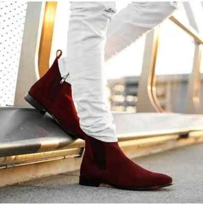 Botas Chelsea Borgoña Hechas a Mano para Hombres, Botas de Vestir de Cuero Gamuza para Hombres, Formales - Imagen 1 de 3