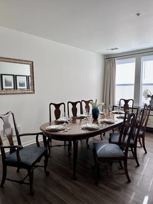 Ethan Allen – 实心枫木桌 + 2 个加长叶 + 8 个椅子 + 热垫套 1800 美元 — 第 1/4 张图片