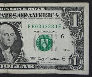 2009 $1 (ONE DOLLAR) - NOTE - SERIAL NUMBER - TRINARY, FIVE 3's IN A ROW, 33333 - Picture 1 of 3