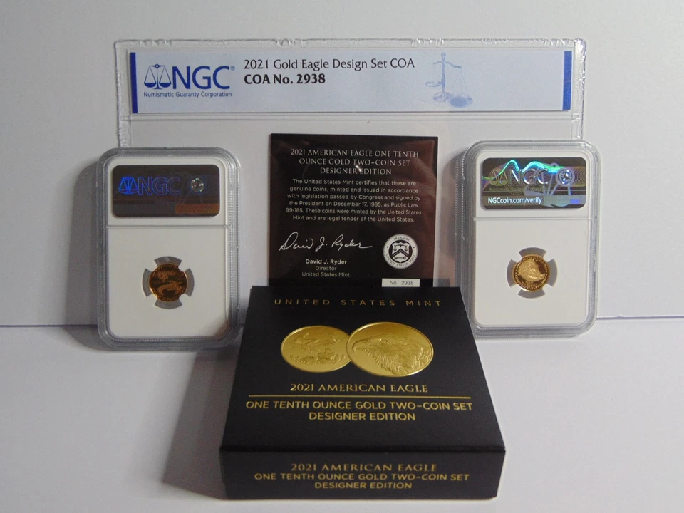 Набор из 2 золотых монет пруф 2021 W Eagle 1/10 унции G$5 дизайнерское издание NGC PF70 с сертификатом подлинности - Изображение 1 из 4