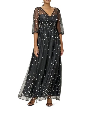 ADRIANNA PAPELL BLACK GLITTER TULLE EVENING GOWN MAXI DRESS SIZE 4 - Image 1 of 4