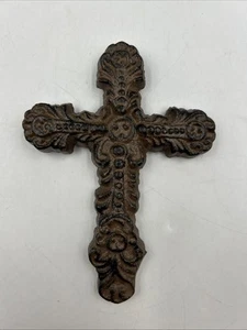 Small FLEUR DE LIS CROSS, Rustic Brown Finish Cast Iron Floral Feminine Decor - Picture 1 of 4