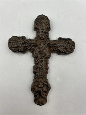 Small FLEUR DE LIS CROSS, Rustic Brown Finish Cast Iron Floral Feminine Decor - Image 1 of 4
