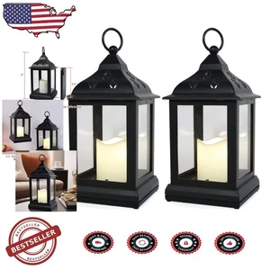 Elegant 9.5" Black Vintage Lanterns 2-Pack w/ Flameless LED & Timer - Picture 1 of 9