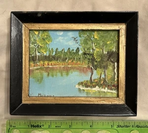 Vintage Miniature Oil Painting Lake or Pond Scene Landscape Signed M. Weaver - Picture 1 of 3