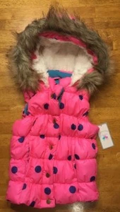 Double Deer Girl's Hooded Puffer Vest Pink Polka Dot Themed Fur - Small 6/6X - Picture 1 of 12