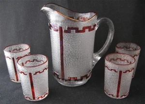 Vic. New Martinsville Glass ruby stained LORRAINE pitcher set, 5 piece set EAPG - Picture 1 of 10