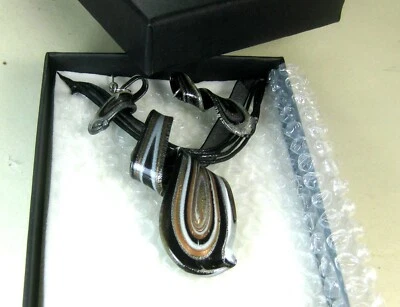 Hand blown glass set NECKLACE PENDANT 2 Earrings Murano style boxed black  2.5" - Image 1 of 2