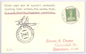 AUSTRALIA 1939 FDC RICHMOND AERODROME First Day Use of Special Postmark 1d YN190 - Picture 1 of 8