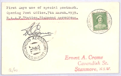 AUSTRALIA 1939 FDC RICHMOND AERODROME First Day Use of Special Postmark 1d YN190 - Image 1 of 4