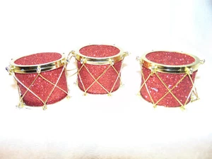Vintage Set Of 3 Red/Gold Glitter Christmas Drum Ornaments 2 1/4"  #i - Picture 1 of 3
