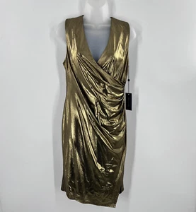 Tommy Hilfiger Metallic Gold V Neck Sleeveless Midi Sheath Cocktail Dress Size 8 - Picture 1 of 19