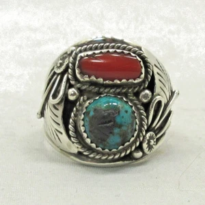 Indianer Ring Größe 12 + Navajo signiert L Spencer Türkis Koralle Silber 359 - Bild 1 von 10