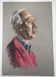 Pastel Drawing Portrait Old Wise Man In Red Sweater & Shirt 17x12” Named Bob Chu - Picture 1 of 12