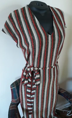 ZARA TRAFALUC Red/Gray/White Metallic Striped Short Sleeve Belted Dress Sz S - Image 1 of 4