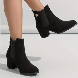 NWT Calvin Klein FISA Black Suede Gold Logo Heel Ankle Boot Women Size 7.5 - Picture 1 of 8