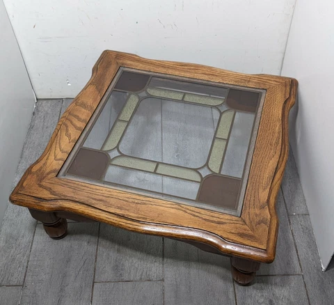Vintage Retro Short Oak Wood Stained Glass Table Plant Stand French Boho Chic Cover