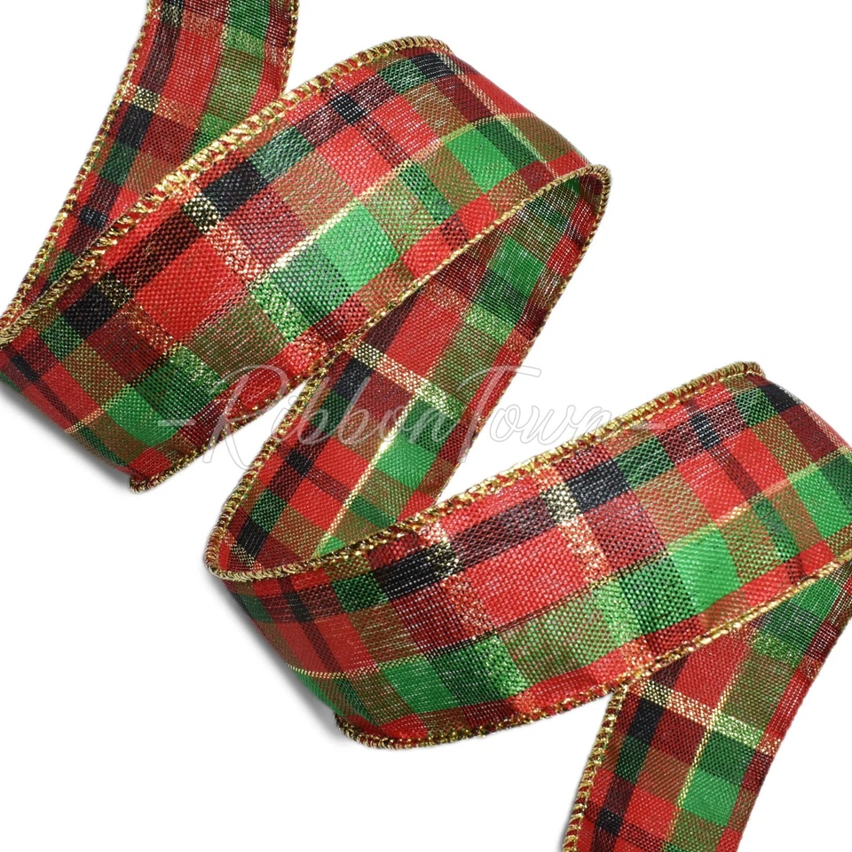 Cinta con cable a cuadros dorada brillante roja verde de Navidad de 1,5" de ancho x 10 yardas Foto 1 de 1
