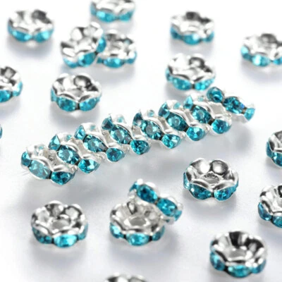 100pcs Rondelle Rhinestone Spacer Beads Blue Silver Plated Jewelry Making 6mm - Image 1 of 2
