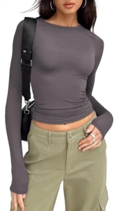 Womens Long Sleeve Fall Fashion 2023 Crop Tops Basic Layering Workout Slim Fitte - Picture 1 of 4