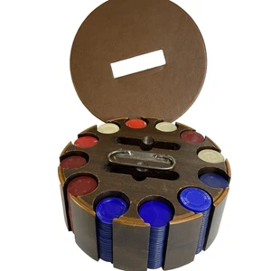 Vtg Hard Wood Poker Chip Rack Cover Handle 12 slots Chips 2 Card Slots - Picture 1 of 10