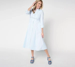 Attitudes by Renee Petite Poplin Godet Button Front Midi Dress Dress Blue L New - Picture 1 of 3