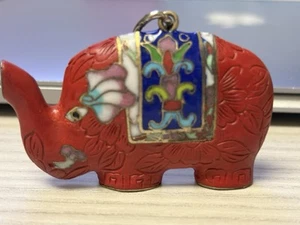 Vintage Cinnabar Carved Cloisonne Enamel Red Elephant Animal Necklace Pendant - Picture 1 of 13