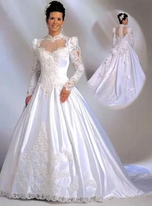 Vintage 80er Jahre Brautkleider mit Langarm Retro Spitzenapplikation Perlenausschnitt - Bild 1 von 7