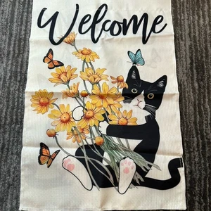 Garden Flag Cat Tuxedo Kitten Poly Double Sided Flowers Butterfly Cat Lady Gift - Picture 1 of 5