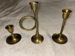 Brass Graduated Set of 3 Candlesticks 6.25” (horn) 5.25”, 3” India - Picture 1 of 7