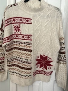 American Eagle Fair Isle Snowflake Sweater weiß rot Mock Neck Pullover Strick - Bild 1 von 8