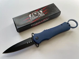 Tiger-USA 9" Spring Assisted Folding Knife Spear Point Belt Clip Blue SJ-1052-BL - Picture 1 of 2