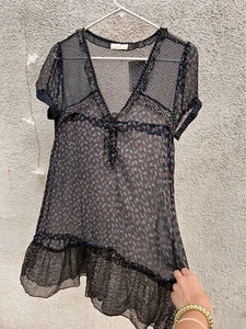 URBAN OUTFITTERS dress sheer Navy Blue floral ruffled - Picture 1 of 5