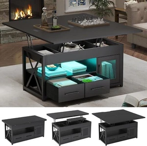 40" Lift Top Coffee Table with Storage Cabinet &LED Light for Living Room(Black) - Picture 1 of 6