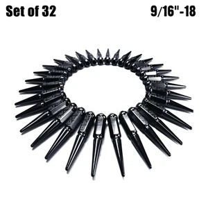 32 BLACK Spike Lug Nuts 9/16-18 fit Ram 2500 Cummins AM General Hummer H1 8BK5 - Picture 1 of 10