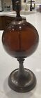 Etched Amber Glass Ball W/ Bronze Finial Pedestal Decoration Vintage And Rare