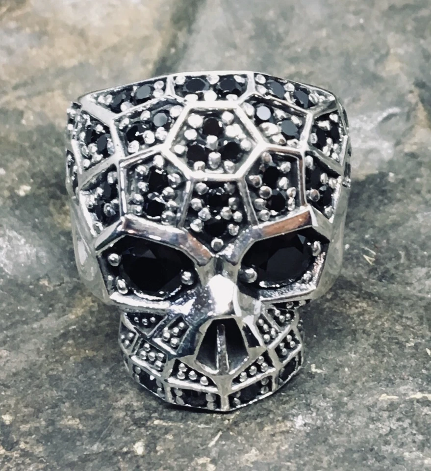 Anello Teschio .925 Argento Motociclista Heavy Metallo Gotico Lab-Created Cubici - Immagine 1 di 4