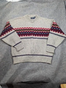 Vintage Lands End Wool Sweater Crew neck Fair Isle fishing hunting Oatmeal XL - Picture 1 of 5